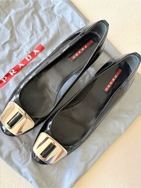 PRADA Patent Leather Block Heel Pumps | Black | Size 38.5 | Like New